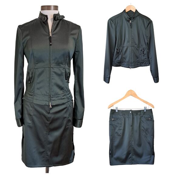 Elie Tahari Satin Skirt Suit Moto Jacket + Skirt Size Small / 6 Olive Green